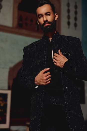 Shop AMIT BEHKI Black Suiting, Viscose Embroidered Sherwani And Kurta Set Online at Aza Fashions Shop_AMIT BEHKI_Black Suiting, Viscose Embroidered Sherwani And Kurta Set _Online_at_Aza_Fashions