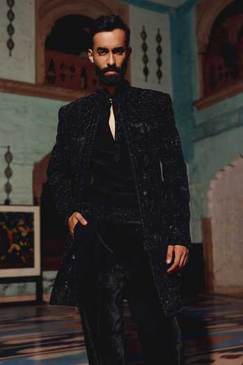 AMIT BEHKI Black Suiting, Viscose Embroidered Sherwani And Kurta Set at Aza Fashions AMIT BEHKI_Black Suiting, Viscose Embroidered Sherwani And Kurta Set _at_Aza_Fashions