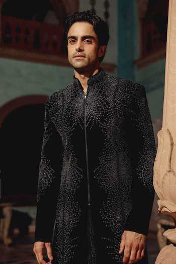 Buy AMIT BEHKI Black Suiting, Viscose Hand Embroidered Sherwani And Kurta Set Online at Aza Fashions Buy_AMIT BEHKI_Black Suiting, Viscose Hand Embroidered Sherwani And Kurta Set _Online_at_Aza_Fashions