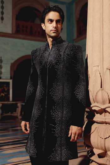 Shop AMIT BEHKI Black Suiting, Viscose Hand Embroidered Sherwani And Kurta Set Online at Aza Fashions Shop_AMIT BEHKI_Black Suiting, Viscose Hand Embroidered Sherwani And Kurta Set _Online_at_Aza_Fashions
