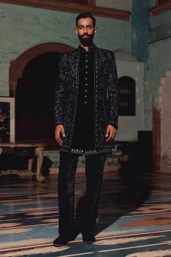 Buy AMIT BEHKI Black Suiting, Viscose Hand Embroidered Sherwani Set Online at Aza Fashions Buy_AMIT BEHKI_Black Suiting, Viscose Hand Embroidered Sherwani Set _Online_at_Aza_Fashions