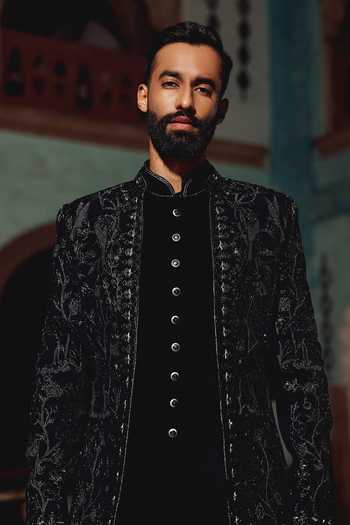 AMIT BEHKI Black Suiting, Viscose Hand Embroidered Sherwani Set at Aza Fashions AMIT BEHKI_Black Suiting, Viscose Hand Embroidered Sherwani Set _at_Aza_Fashions