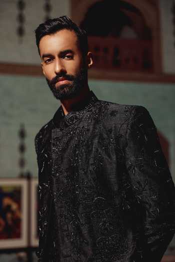AMIT BEHKI_Black Suiting, Viscose Hand Embroidered Kurta Set With Jacket _at_Aza_Fashions