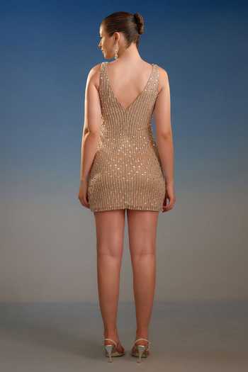 Shop Bling Empire Beige Mesh V-neck Pearl And Crystal Mini Dress at Aza Fashions Shop_Bling Empire_Beige Mesh V-neck Pearl And Crystal Mini Dress _at_Aza_Fashions