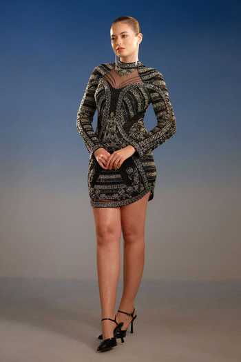 Bling Empire Black Mesh High , Keyhole Midnight Opulence Embellished Dress Online at Aza Fashions Bling Empire_Black Mesh High , Keyhole Midnight Opulence Embellished Dress _Online_at_Aza_Fashions