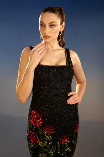 Buy Bling Empire Black Mesh Square Neck Floral Sequin Mini Dress Online at Aza Fashions Buy_Bling Empire_Black Mesh Square Neck Floral Sequin Mini Dress _Online_at_Aza_Fashions