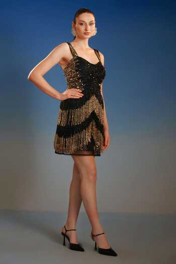 Buy_Bling Empire_Black Mesh Sweetheart Neck Scallop Chain Mini Dress _Online_at_Aza_Fashions