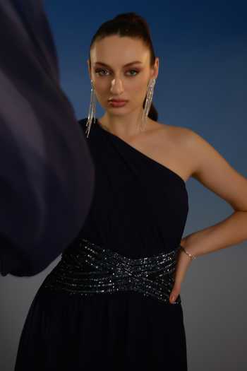Bling Empire Blue Mesh One Shoulder Sovereign Draped Dress Online at Aza Fashions Bling Empire_Blue Mesh One Shoulder Sovereign Draped Dress _Online_at_Aza_Fashions