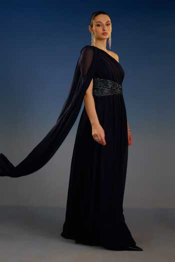 Buy Bling Empire Blue Mesh One Shoulder Sovereign Draped Dress Online at Aza Fashions Buy_Bling Empire_Blue Mesh One Shoulder Sovereign Draped Dress _Online_at_Aza_Fashions