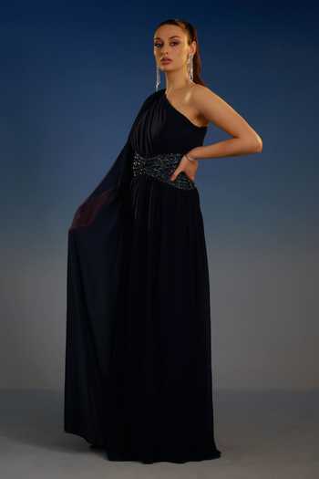 Shop Bling Empire Blue Mesh One Shoulder Sovereign Draped Dress Online at Aza Fashions Shop_Bling Empire_Blue Mesh One Shoulder Sovereign Draped Dress _Online_at_Aza_Fashions