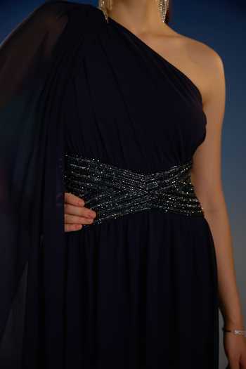 Bling Empire Blue Mesh One Shoulder Sovereign Draped Dress at Aza Fashions Bling Empire_Blue Mesh One Shoulder Sovereign Draped Dress _at_Aza_Fashions