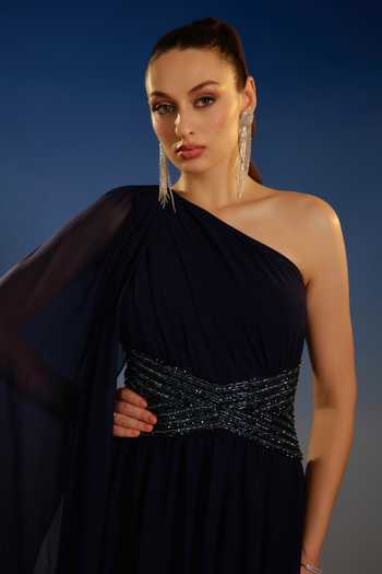 Buy Bling Empire Blue Mesh One Shoulder Sovereign Draped Dress Buy_Bling Empire_Blue Mesh One Shoulder Sovereign Draped Dress