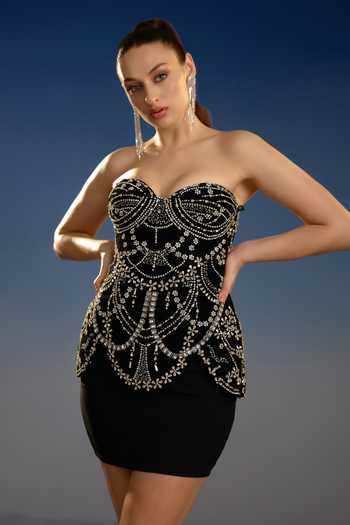 Shop_Bling Empire_Black Mesh Sweetheart Neck Stellar Noir Peplum Glamour Dress _Online_at_Aza_Fashions