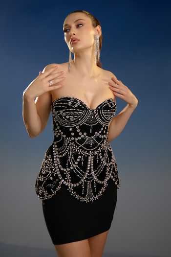 Bling Empire_Black Mesh Sweetheart Neck Stellar Noir Peplum Glamour Dress _at_Aza_Fashions