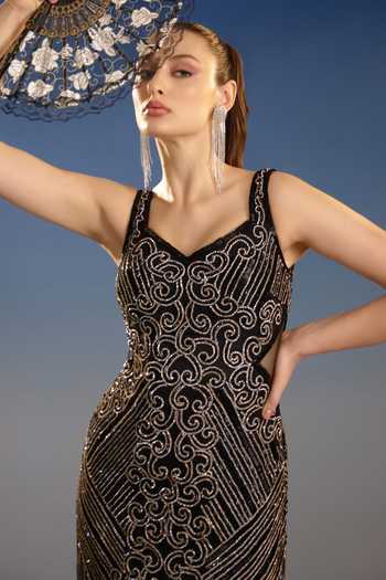 Bling Empire Black Mesh Sweetheart Neck Sleeveless Sequin Mini Dress at Aza Fashions Bling Empire_Black Mesh Sweetheart Neck Sleeveless Sequin Mini Dress _at_Aza_Fashions