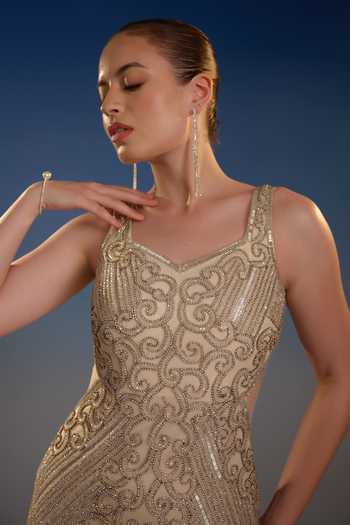 Buy_Bling Empire_Gold Mesh V-neck Imperial Embroidered Radiance Dress _Online_at_Aza_Fashions