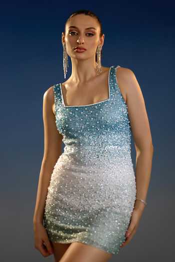 Bling Empire Blue Mesh Square Neck Azure Moonlight Symphony Dress Online at Aza Fashions Bling Empire_Blue Mesh Square Neck Azure Moonlight Symphony Dress _Online_at_Aza_Fashions