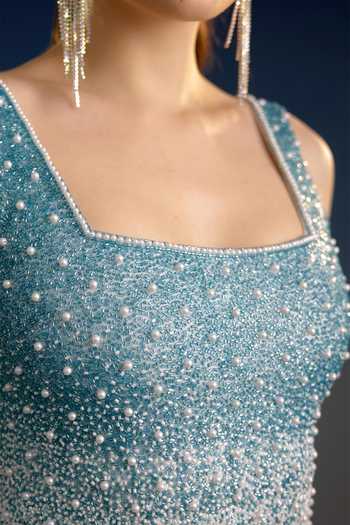 Shop Bling Empire Blue Mesh Square Neck Azure Moonlight Symphony Dress Online at Aza Fashions Shop_Bling Empire_Blue Mesh Square Neck Azure Moonlight Symphony Dress _Online_at_Aza_Fashions