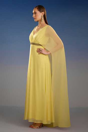 Bling Empire Yellow Mesh V-neck Ethereal Aurelian Draped Dress Online at Aza Fashions Bling Empire_Yellow Mesh V-neck Ethereal Aurelian Draped Dress _Online_at_Aza_Fashions