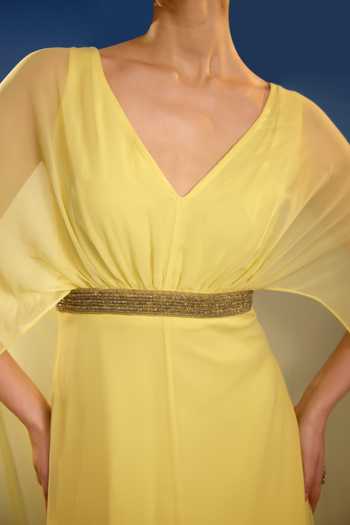 Buy Bling Empire Yellow Mesh V-neck Ethereal Aurelian Draped Dress Online at Aza Fashions Buy_Bling Empire_Yellow Mesh V-neck Ethereal Aurelian Draped Dress _Online_at_Aza_Fashions