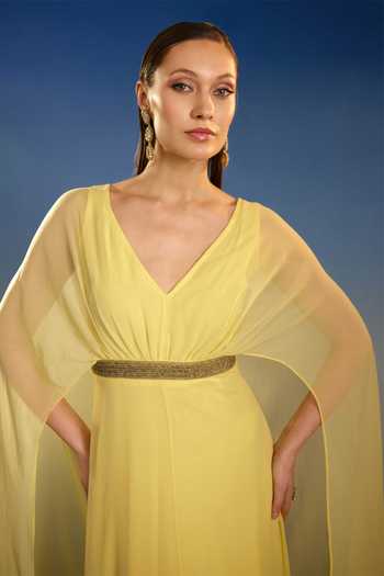 Shop Bling Empire Yellow Mesh V-neck Ethereal Aurelian Draped Dress Online at Aza Fashions Shop_Bling Empire_Yellow Mesh V-neck Ethereal Aurelian Draped Dress _Online_at_Aza_Fashions