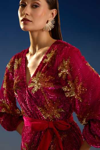 Bling Empire Fuchsia Mesh V-neck Crimson Palm Sunset Dress Online at Aza Fashions Bling Empire_Fuchsia Mesh V-neck Crimson Palm Sunset Dress _Online_at_Aza_Fashions
