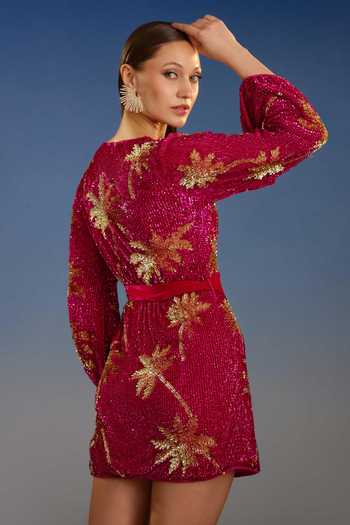 Buy Bling Empire Fuchsia Mesh V-neck Crimson Palm Sunset Dress Online at Aza Fashions Buy_Bling Empire_Fuchsia Mesh V-neck Crimson Palm Sunset Dress _Online_at_Aza_Fashions