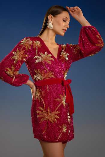 Shop Bling Empire Fuchsia Mesh V-neck Crimson Palm Sunset Dress Online at Aza Fashions Shop_Bling Empire_Fuchsia Mesh V-neck Crimson Palm Sunset Dress _Online_at_Aza_Fashions