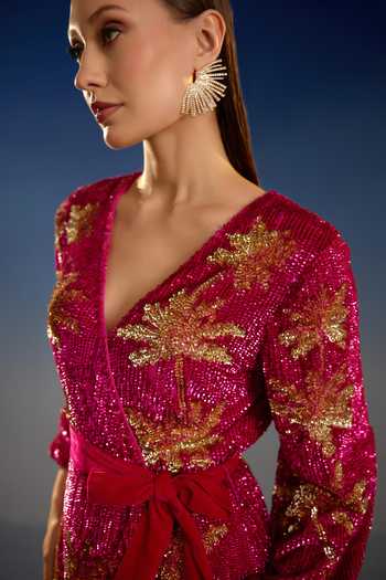Bling Empire Fuchsia Mesh V-neck Crimson Palm Sunset Dress at Aza Fashions Bling Empire_Fuchsia Mesh V-neck Crimson Palm Sunset Dress _at_Aza_Fashions