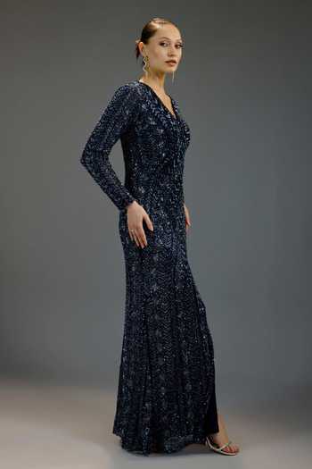 Buy Bling Empire Blue Mesh V-neck V Wrap Maxi Dress Online at Aza Fashions Buy_Bling Empire_Blue Mesh V-neck V Wrap Maxi Dress _Online_at_Aza_Fashions