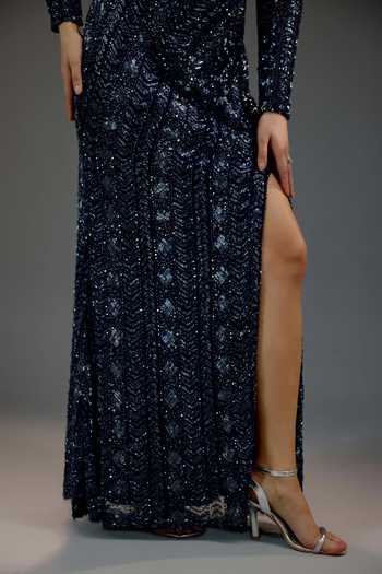 Shop Bling Empire Blue Mesh V-neck V Wrap Maxi Dress Online at Aza Fashions Shop_Bling Empire_Blue Mesh V-neck V Wrap Maxi Dress _Online_at_Aza_Fashions