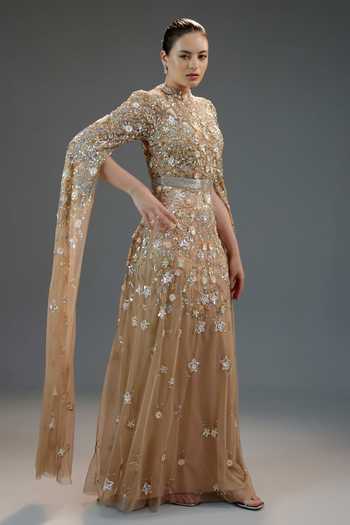 Bling Empire_Beige Mesh High Neck Imperial Blossom Cape Dress _Online_at_Aza_Fashions