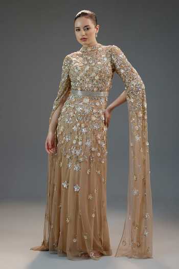 Buy_Bling Empire_Beige Mesh High Neck Imperial Blossom Cape Dress _Online_at_Aza_Fashions