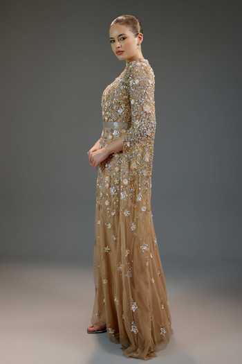 Shop_Bling Empire_Beige Mesh High Neck Imperial Blossom Cape Dress _Online_at_Aza_Fashions