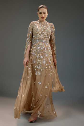 Bling Empire_Beige Mesh High Neck Imperial Blossom Cape Dress _at_Aza_Fashions