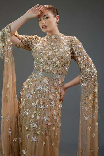 Buy_Bling Empire_Beige Mesh High Neck Imperial Blossom Cape Dress 