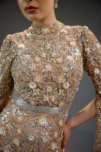 Shop_Bling Empire_Beige Mesh High Neck Imperial Blossom Cape Dress 