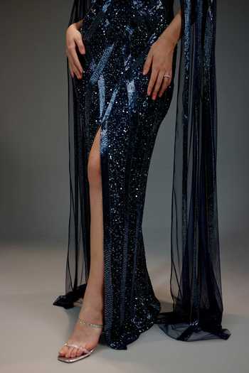 Bling Empire_Blue Mesh Sequins, Beads High , Keyhole Work Cape Gown _Online_at_Aza_Fashions