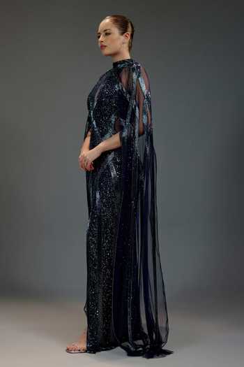 Buy_Bling Empire_Blue Mesh Sequins, Beads High , Keyhole Work Cape Gown _Online_at_Aza_Fashions