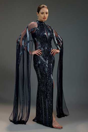 Shop_Bling Empire_Blue Mesh Sequins, Beads High , Keyhole Work Cape Gown _Online_at_Aza_Fashions