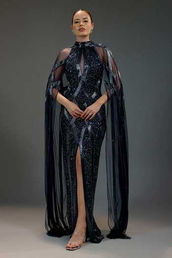 Bling Empire Sequin Work Cape Gown 