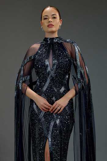 Bling Empire_Blue Mesh Sequins, Beads High , Keyhole Work Cape Gown _at_Aza_Fashions