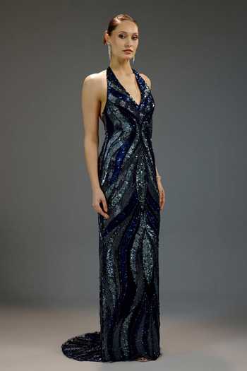 Bling Empire_Blue Mesh Sequins Halter Neck Deep V Gown _Online_at_Aza_Fashions