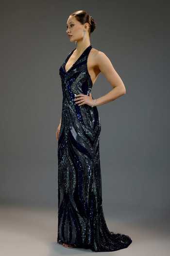 Buy_Bling Empire_Blue Mesh Sequins Halter Neck Deep V Gown _Online_at_Aza_Fashions