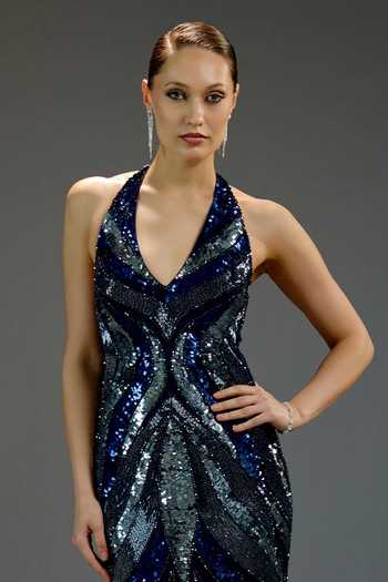 Shop_Bling Empire_Blue Mesh Sequins Halter Neck Deep V Gown _Online_at_Aza_Fashions