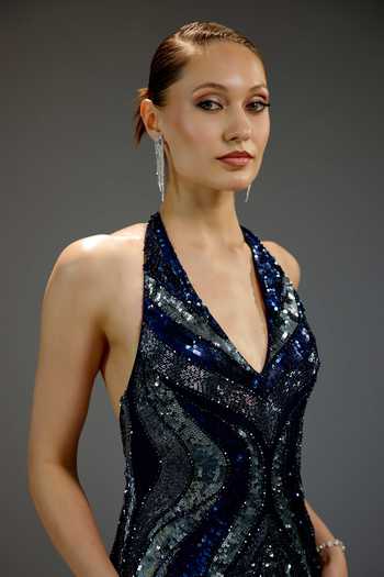 Bling Empire_Blue Mesh Sequins Halter Neck Deep V Gown _at_Aza_Fashions