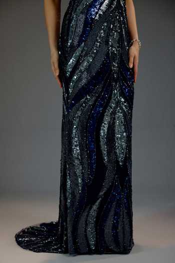 Buy_Bling Empire_Blue Mesh Sequins Halter Neck Deep V Gown 