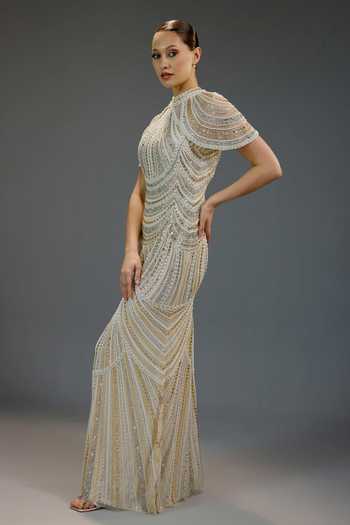 Bling Empire_Ivory Mesh Sequins, Beads, Stones, Crystals High Celestial Hand Beaded Gala Gown _Online_at_Aza_Fashions