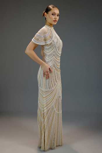 Buy_Bling Empire_Ivory Mesh Sequins, Beads, Stones, Crystals High Celestial Hand Beaded Gala Gown _Online_at_Aza_Fashions