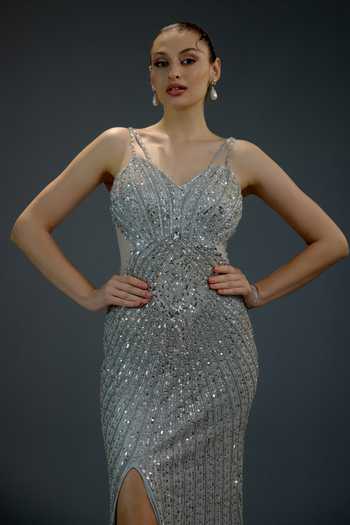 Buy_Bling Empire_Blue Mesh Sequins, Stones, Crystals V-neck Aqua Ombre Work Gown _Online_at_Aza_Fashions